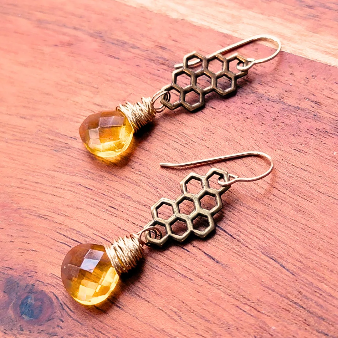 Gold Citrine Honeycomb Earrings