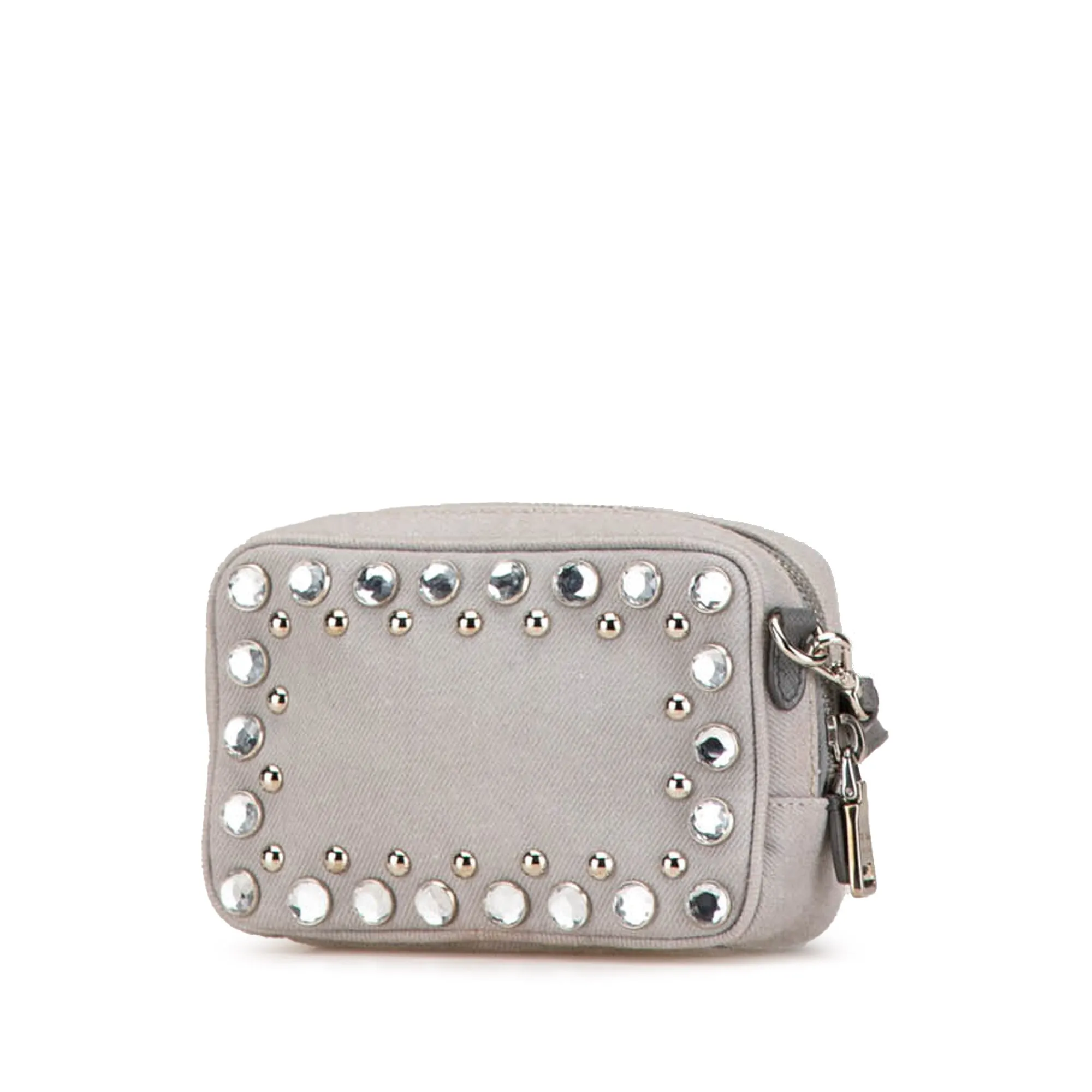 Gray Prada Mini Denim Studded Embellished Camera Crossbody