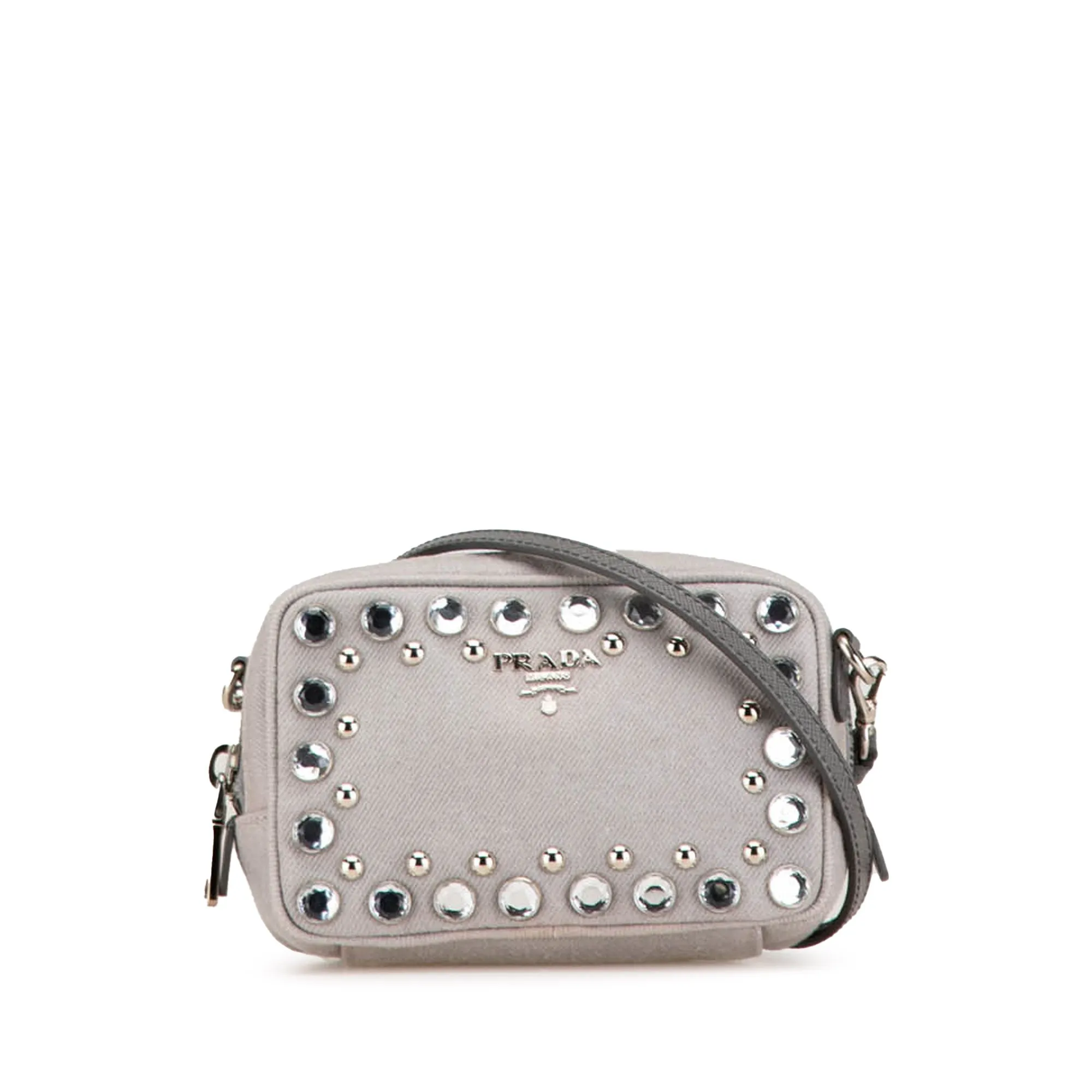 Gray Prada Mini Denim Studded Embellished Camera Crossbody