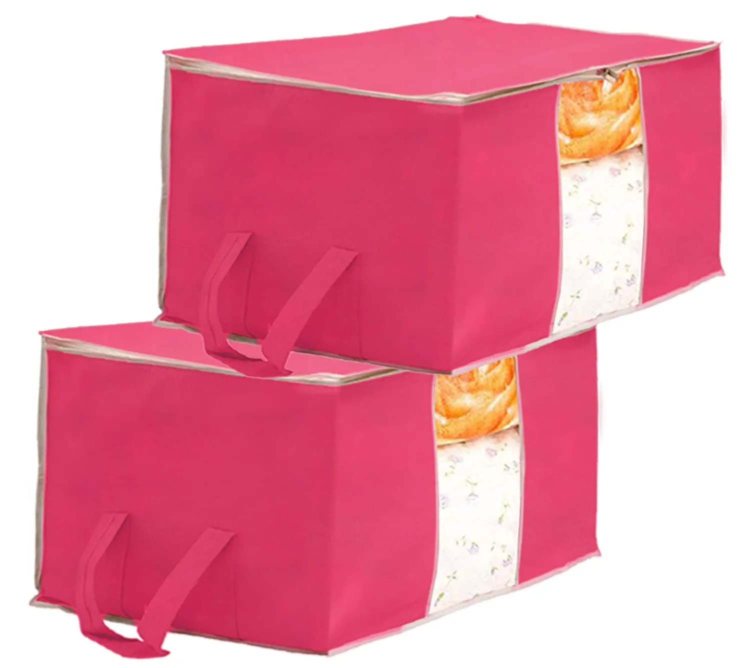 Heart Home Non Woven Underbed Storage Bag With Transparent Window- Pack of 2 (Pink)-HS43HEARTH26728