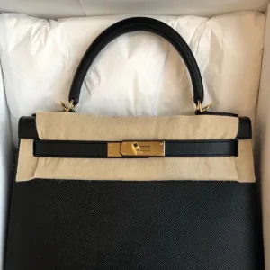 Hermès Kelly 28 Noir (Black) Sellier Epsom Gold Hardware GHW