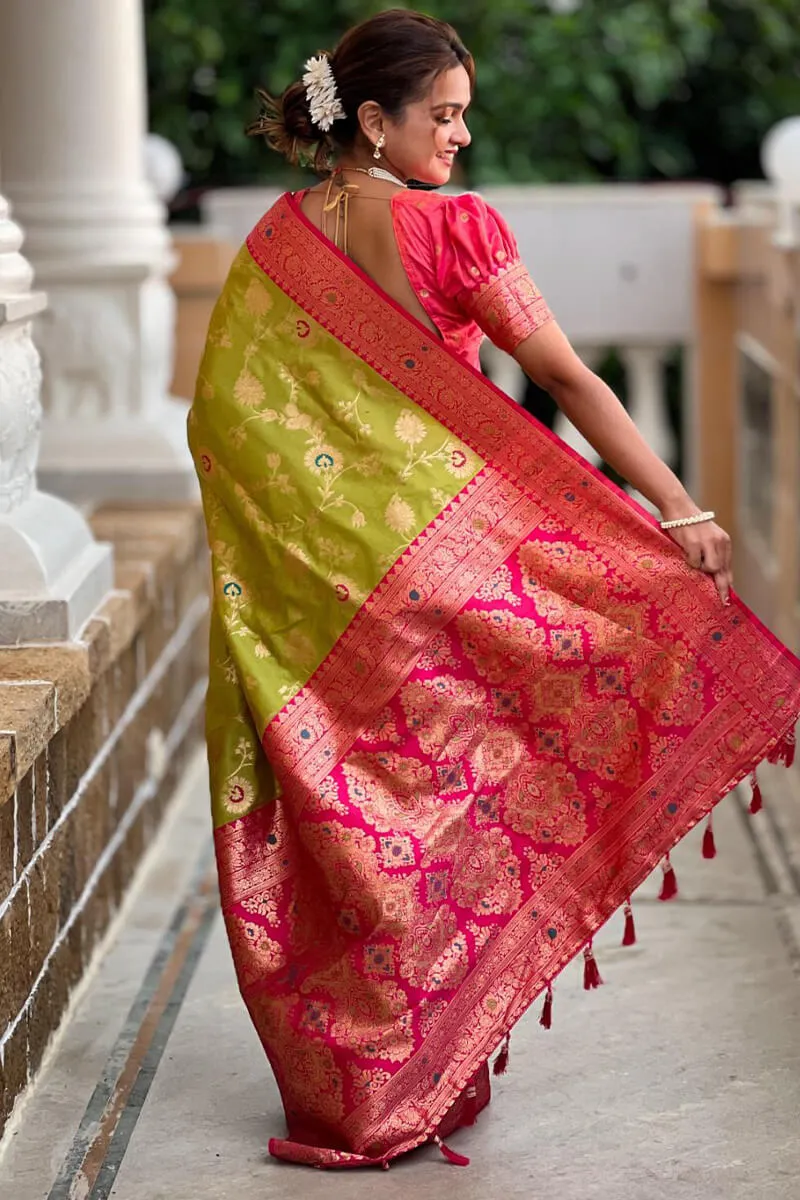 Improbable Mehndi Soft Banarasi Silk Saree With Resplendent Blouse Piece