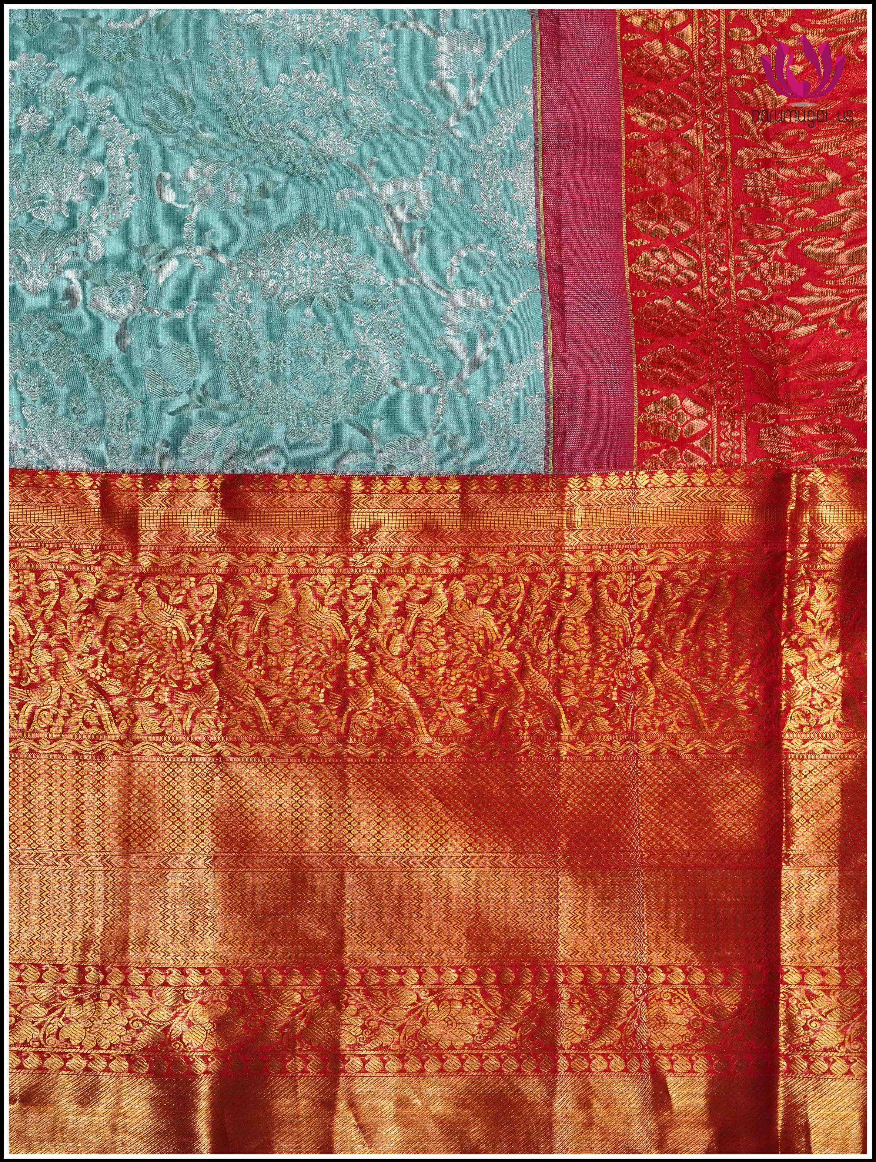 Kanchipuram Silk Saree in Light Green with Red Border with Silver and Gold Zari - Silk Mark Certified