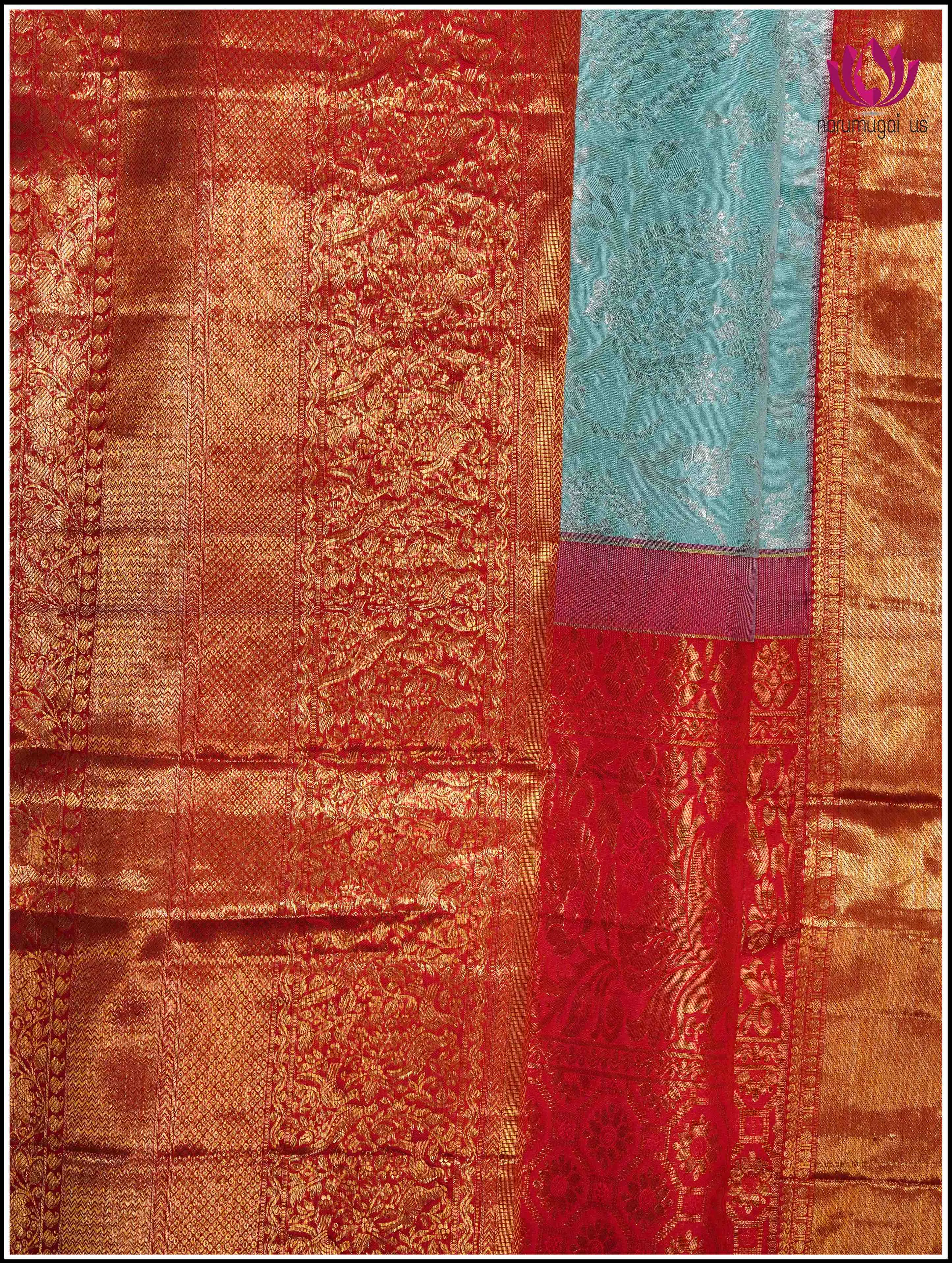 Kanchipuram Silk Saree in Light Green with Red Border with Silver and Gold Zari - Silk Mark Certified