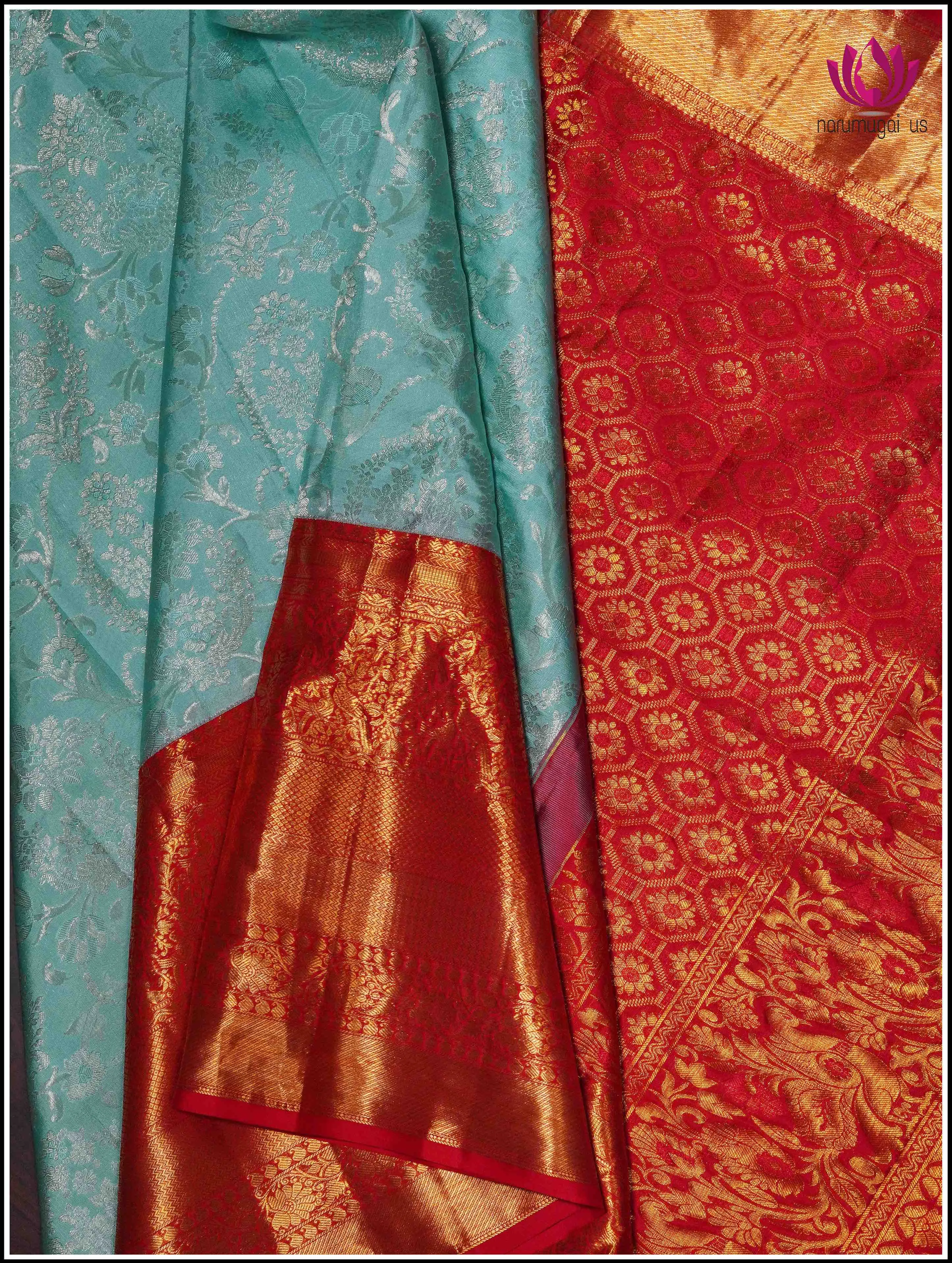 Kanchipuram Silk Saree in Light Green with Red Border with Silver and Gold Zari - Silk Mark Certified