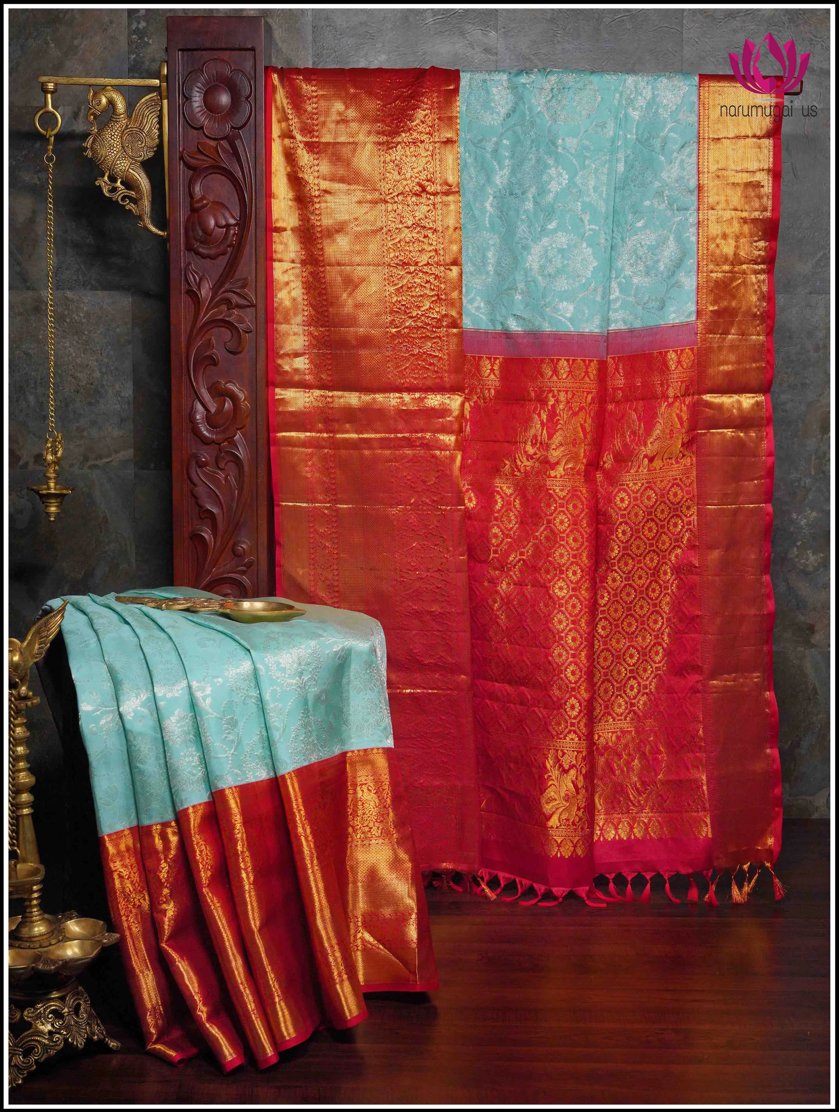 Kanchipuram Silk Saree in Light Green with Red Border with Silver and Gold Zari - Silk Mark Certified