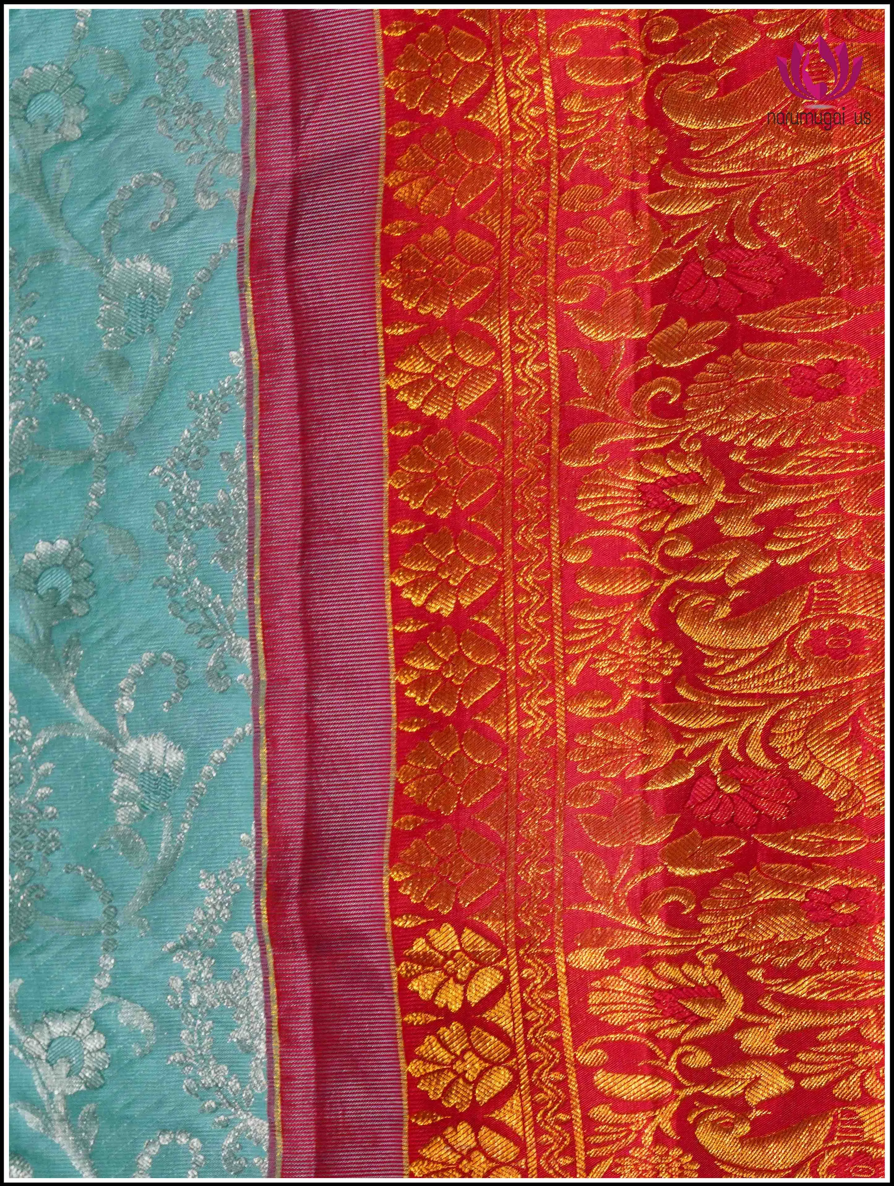 Kanchipuram Silk Saree in Light Green with Red Border with Silver and Gold Zari - Silk Mark Certified