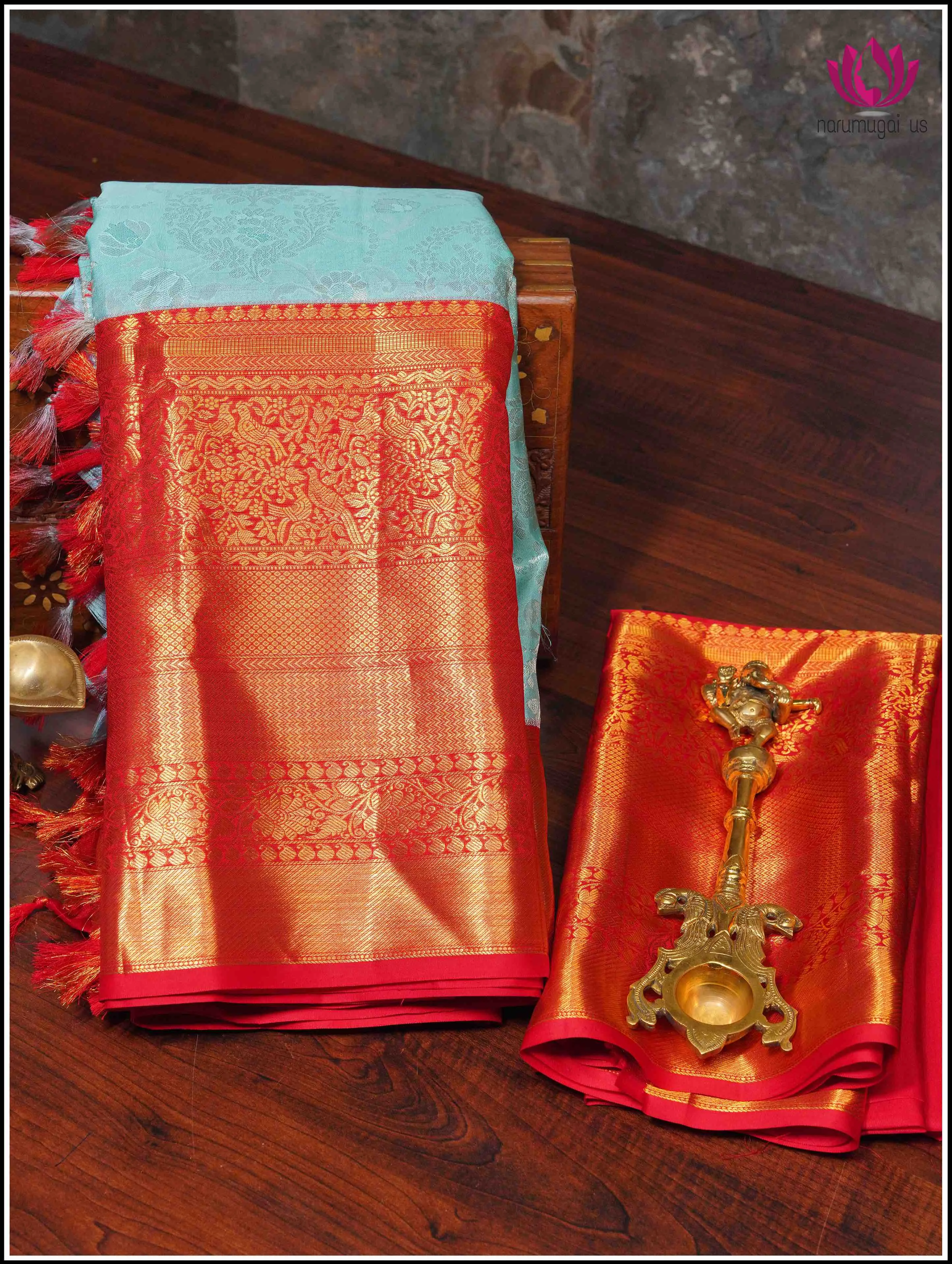 Kanchipuram Silk Saree in Light Green with Red Border with Silver and Gold Zari - Silk Mark Certified