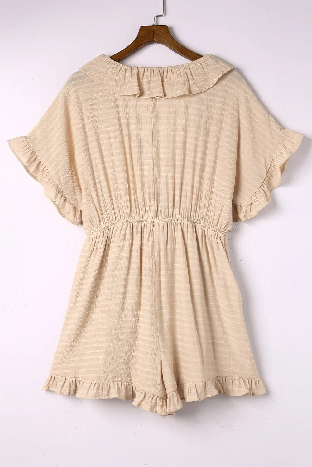 Khaki Ruffled High Waist Short Sleeve V Neck Romper