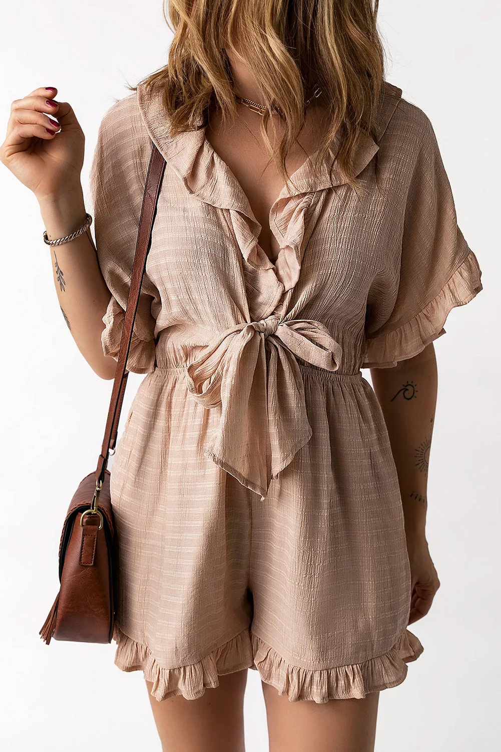 Khaki Ruffled High Waist Short Sleeve V Neck Romper