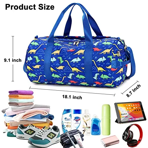 Kids Duffel Overnight Bag For Boys - Girls - Dinosaur - Dark Blue