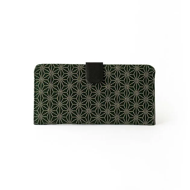 Koshu Inden Japanese Deerskin Leather with Urushi (Japanese Lacquer) Long Wallet - Asanoha (hemp leaf) Pattern / Dark Green - ,  Made in Japan,  Japanese Leather Wallet