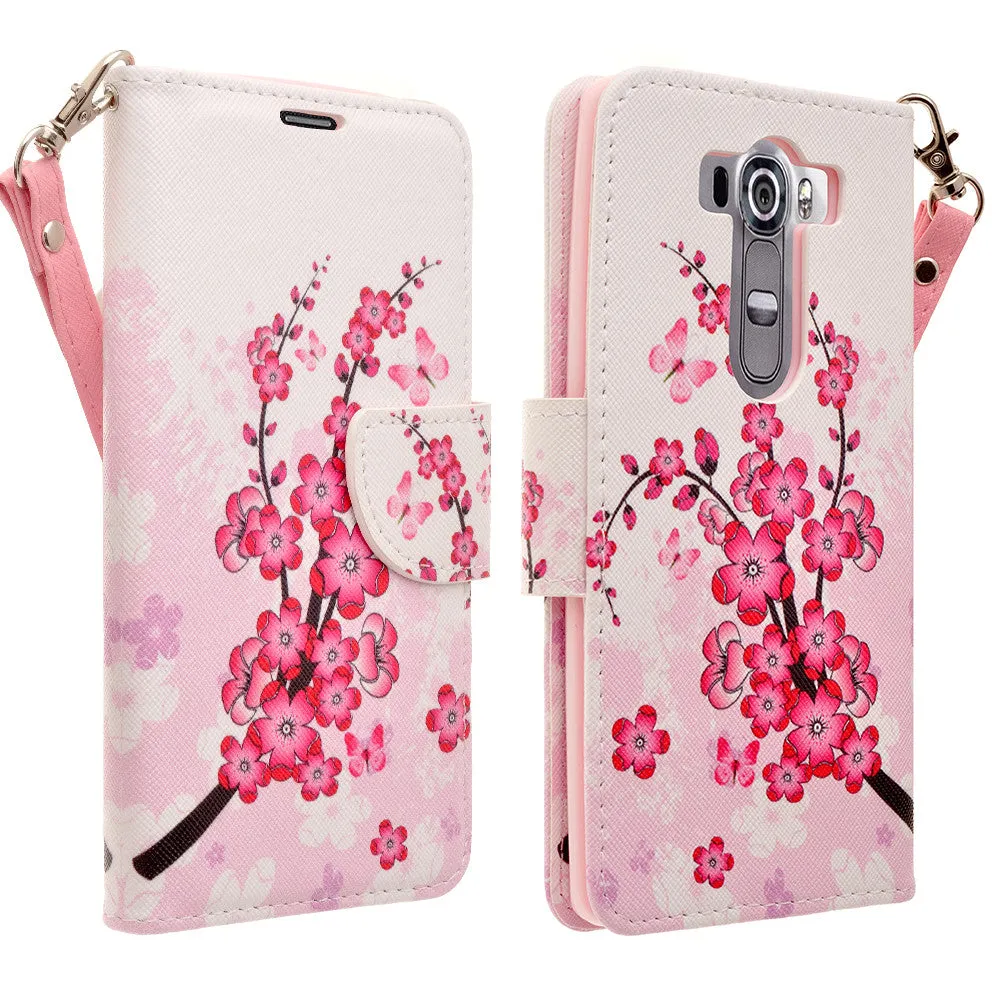 LG V10 Case, Wrist Strap Magnetic Fold[Kickstand] Pu Leather Wallet Case with ID & Credit Card Slots for LG V10 - Cherry Blossom