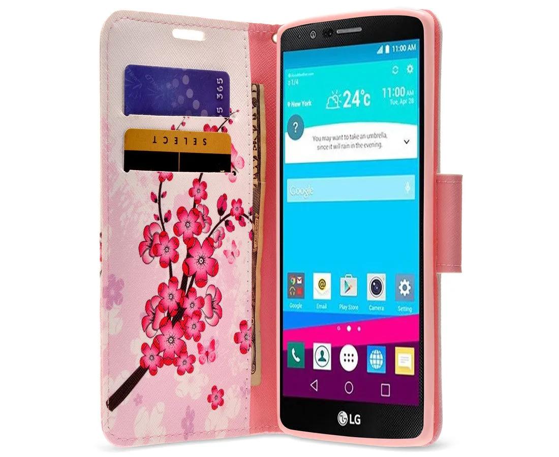 LG V10 Case, Wrist Strap Magnetic Fold[Kickstand] Pu Leather Wallet Case with ID & Credit Card Slots for LG V10 - Cherry Blossom