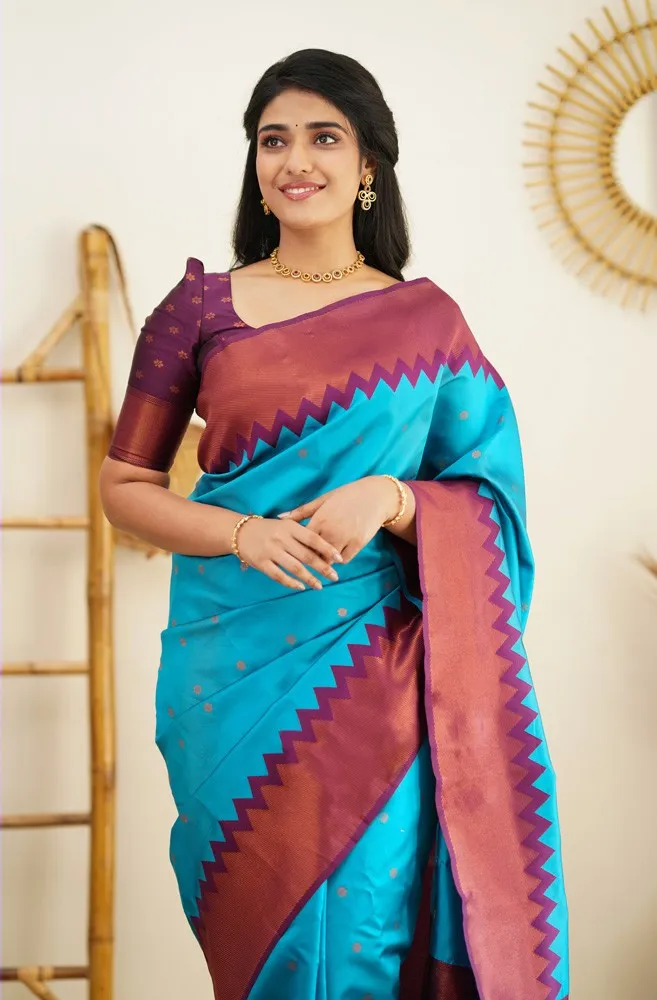 Lissome Firozi Soft Silk Saree With Captivating Blouse Piece