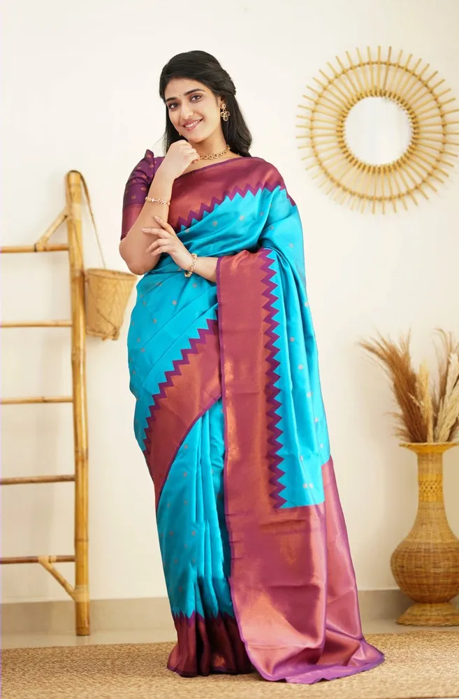 Lissome Firozi Soft Silk Saree With Captivating Blouse Piece