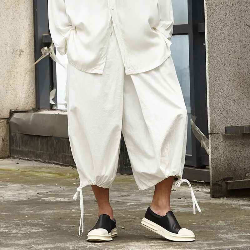 Men Monochrome Linen Drawstring Leg Jodhpur Pants