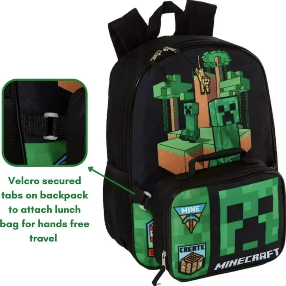 Minecraft Creeper 17 Inch Kids Backpack with Lunch Bag