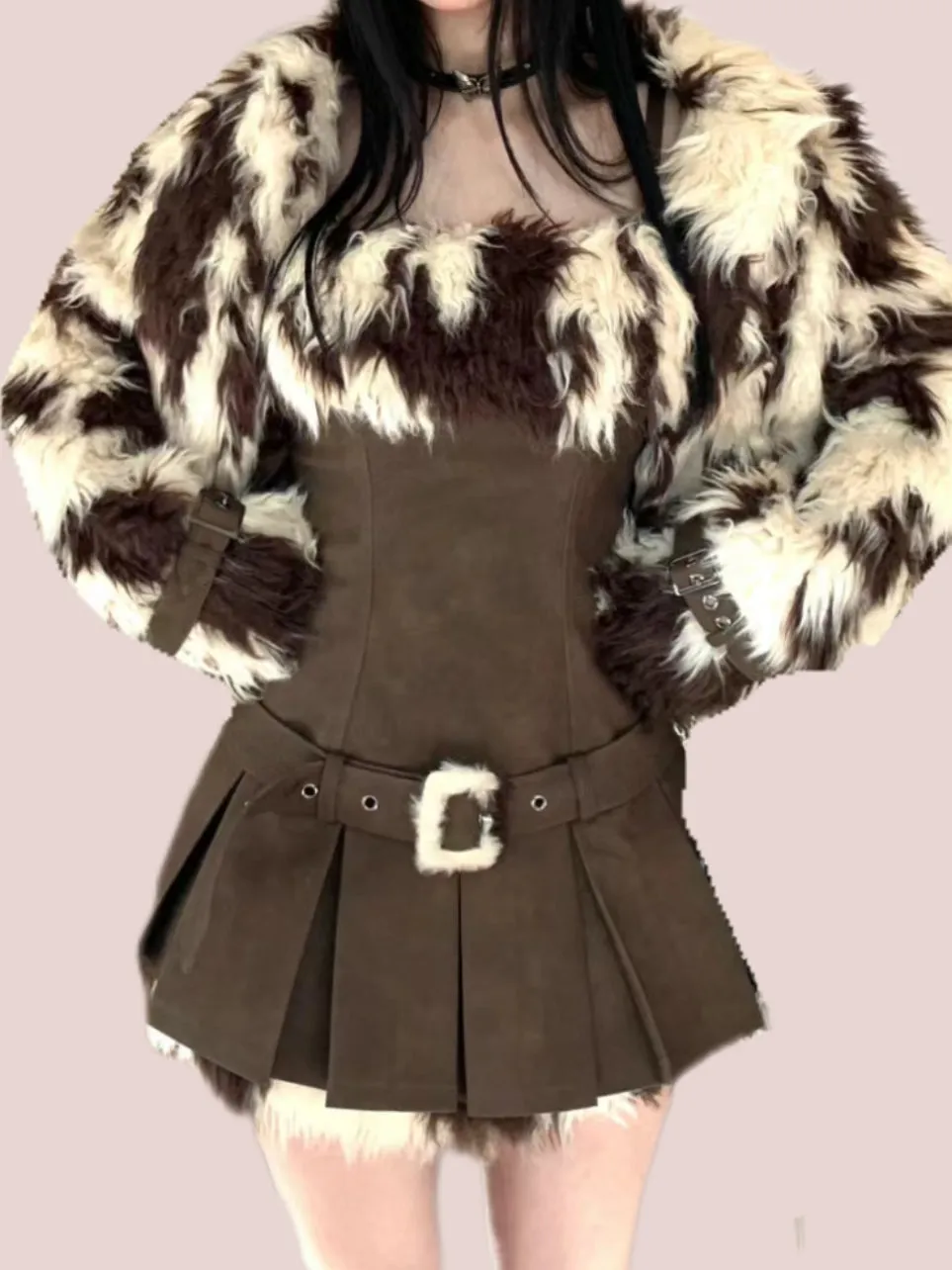 Monet Winter Milky Coffee Dark Brown Strap Dress & Fur Jacket Two Piece Set