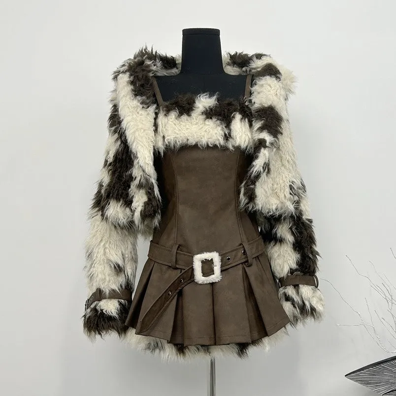 Monet Winter Milky Coffee Dark Brown Strap Dress & Fur Jacket Two Piece Set