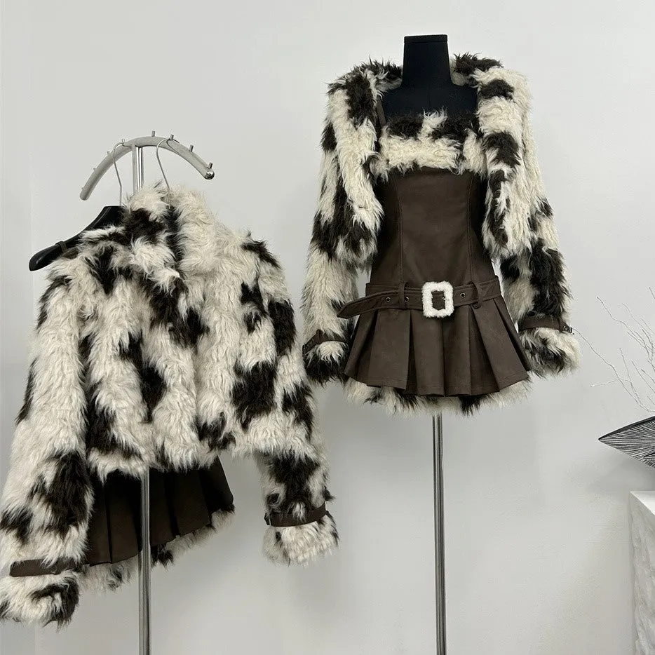 Monet Winter Milky Coffee Dark Brown Strap Dress & Fur Jacket Two Piece Set