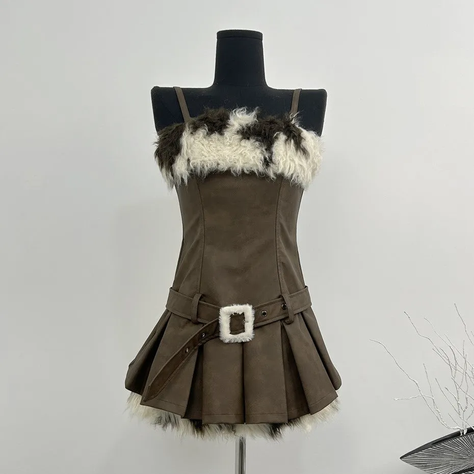 Monet Winter Milky Coffee Dark Brown Strap Dress & Fur Jacket Two Piece Set