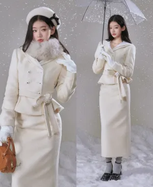 Monet Winter Snow White Beige Rose Jacket Fur Collar & Long Skirt Two Piece Set