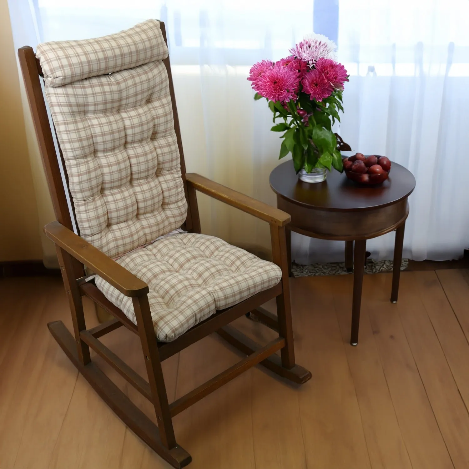 Montgomery Natural Rocking Chair Cushions - Never Flatten Rocker Chair Cushion Tan Plaid