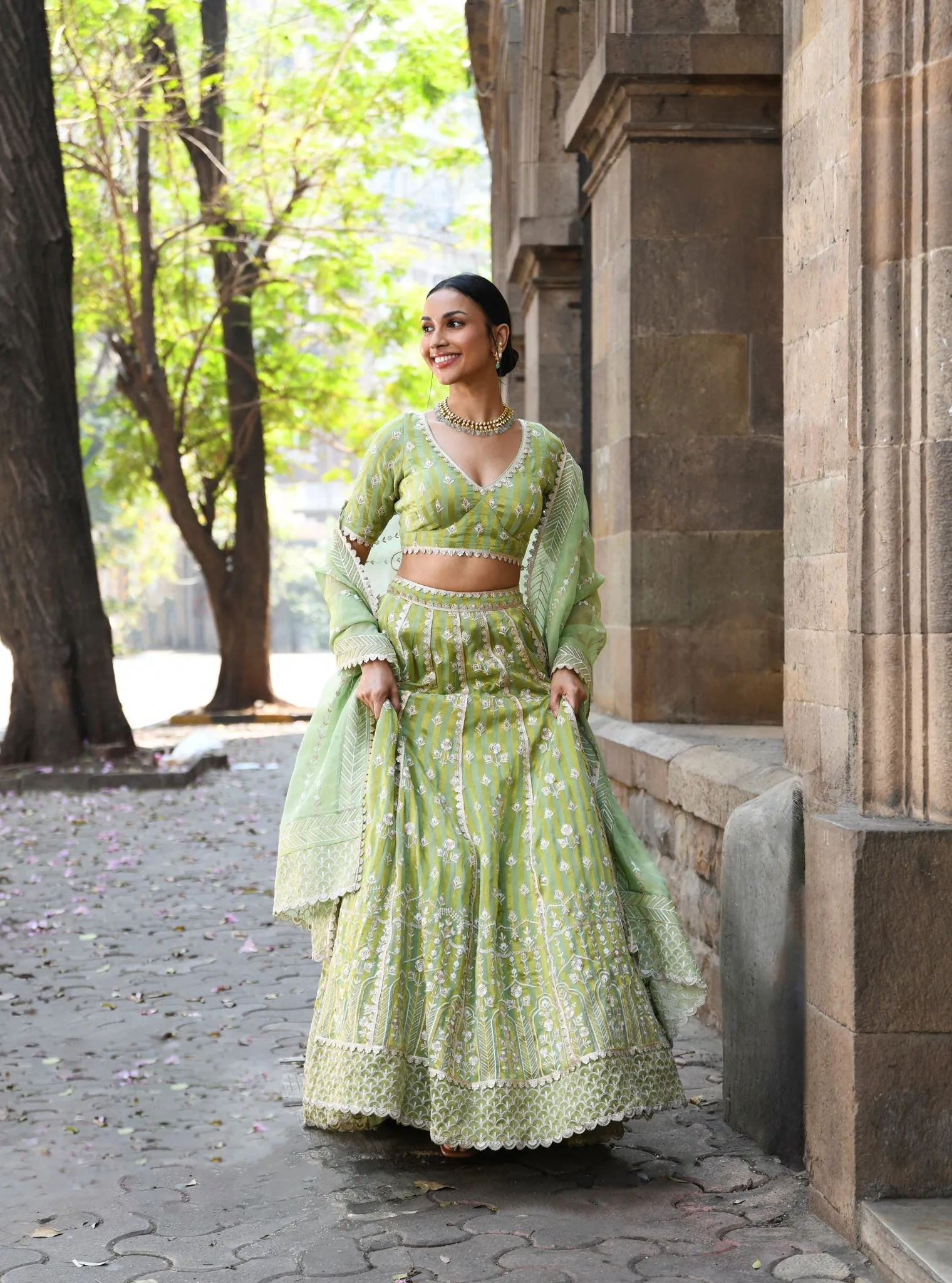 Mulmul Banarsi Sindhuri Green Lehenga