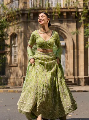 Mulmul Banarsi Sindhuri Green Lehenga