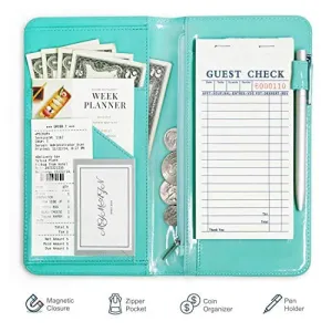 Mymazn Server Book for Waitress Wallet Magnetic with Zipper Money Pocket, 4.8x9 Waiter Guest Check Book for Restaurant Order Pad (Soft Turquoise, Patent Leather)