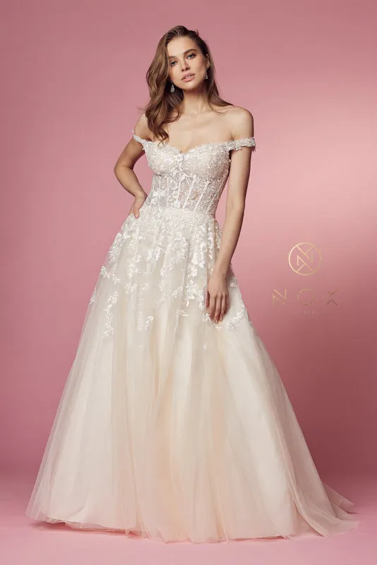 NOX ANABEL JH925 Off Shoulder Floral Applique Bridal Gown