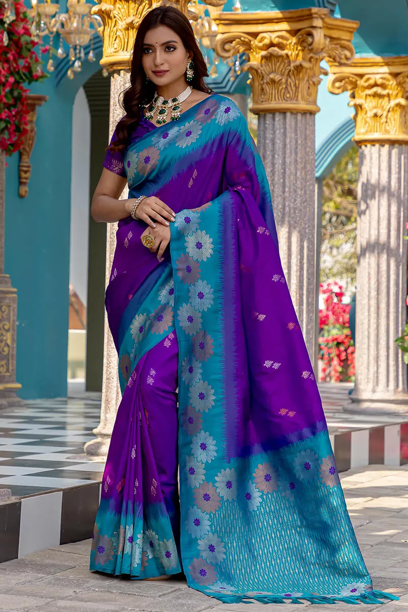 Panache Pruple Soft Banarasi Silk Saree With Resplendent Blouse Piece