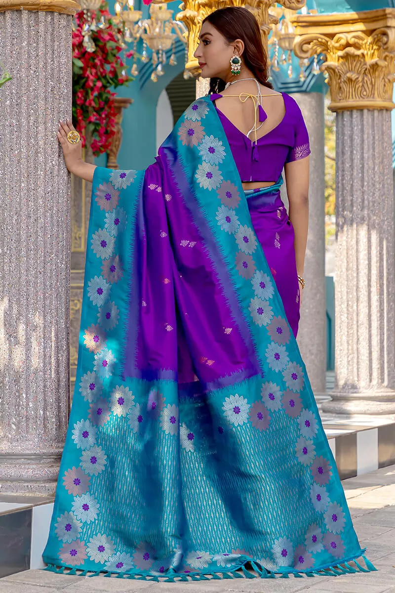 Panache Pruple Soft Banarasi Silk Saree With Resplendent Blouse Piece