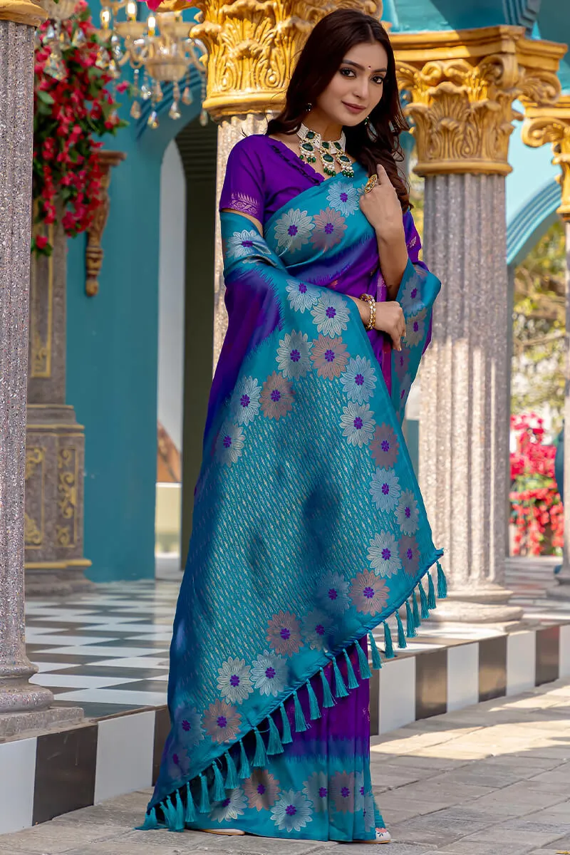 Panache Pruple Soft Banarasi Silk Saree With Resplendent Blouse Piece