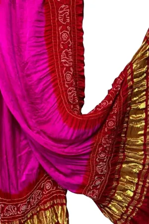 Pink And Red Bandhani Pure Gajji Silk Dupatta