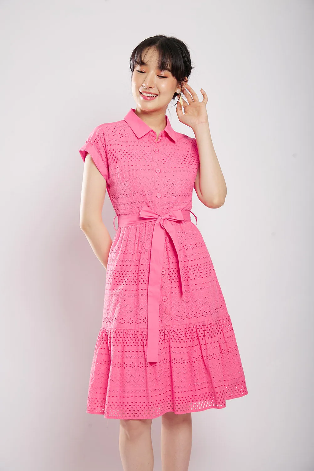 Poleen Midi Dress in Pink Eyelet