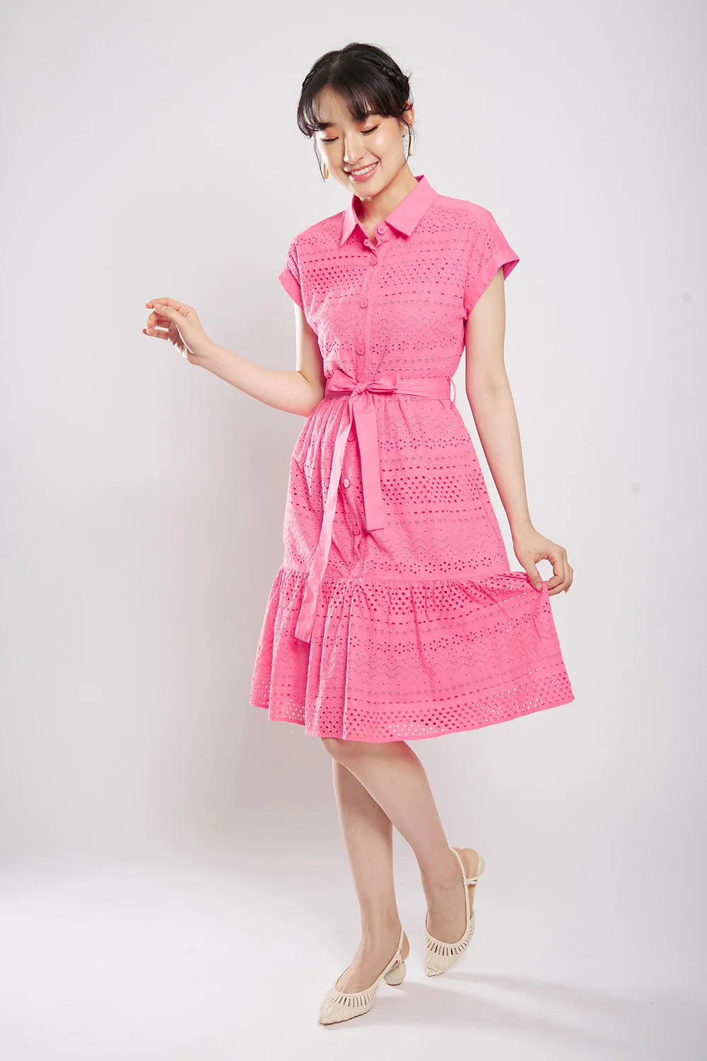 Poleen Midi Dress in Pink Eyelet