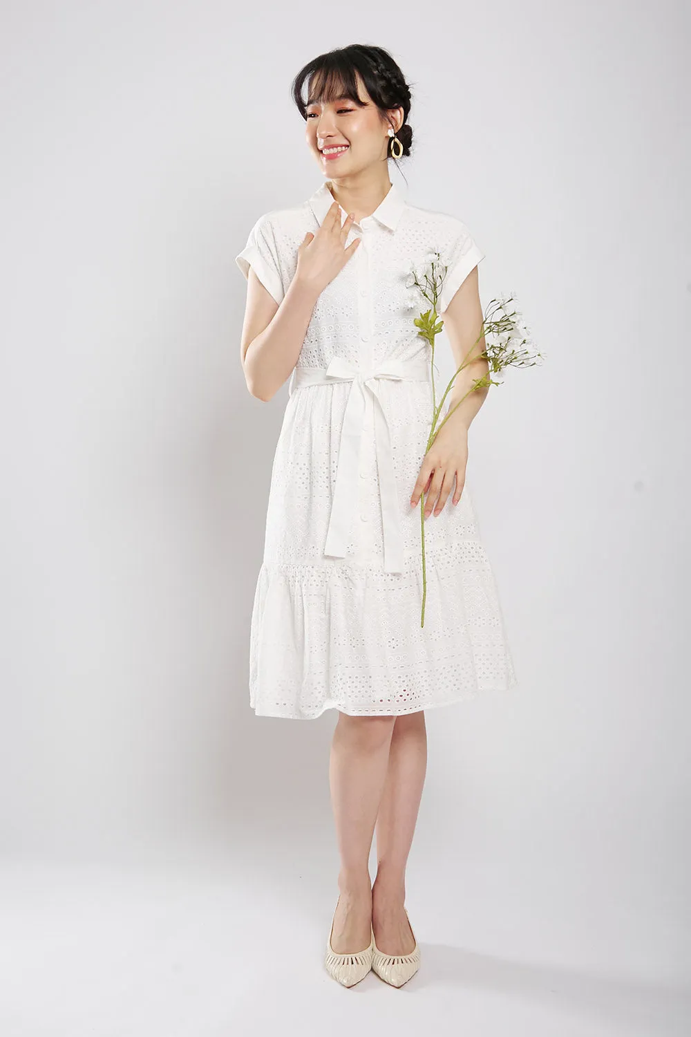 Poleen Midi Dress in White Eyelet