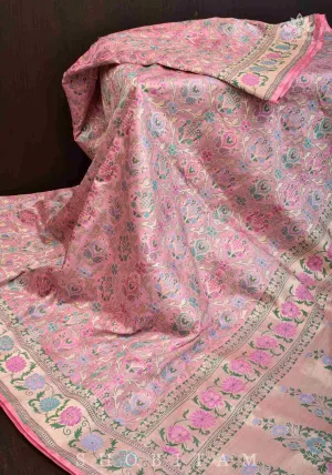 Ready To Wear Baby Pink Pure Katan Silk Meenakari Banarasi Saree with Patola Design Intricate Jaal  | SILK MARK CERTIFIED