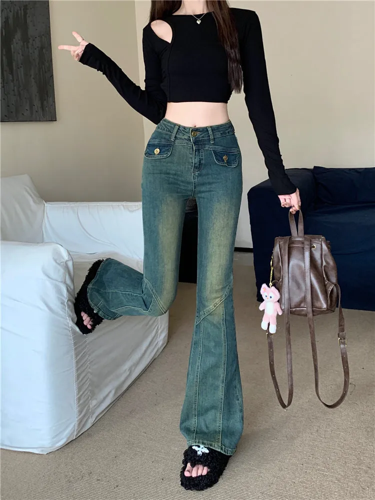 Retro Style Wash Pants Denim Micro Flair Jeans