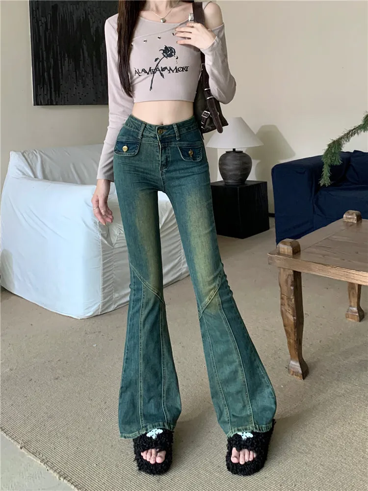 Retro Style Wash Pants Denim Micro Flair Jeans