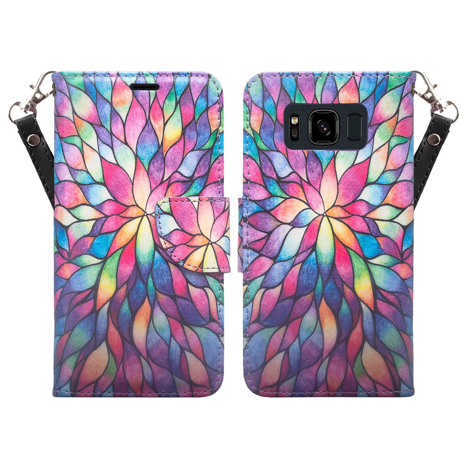 Samsung Galaxy S8 Active Case, Galaxy S8 Active Wallet Case, Wrist Strap Pu Leather Wallet Case [Kickstand] with ID & Credit Card Slots - Rainbow Flower