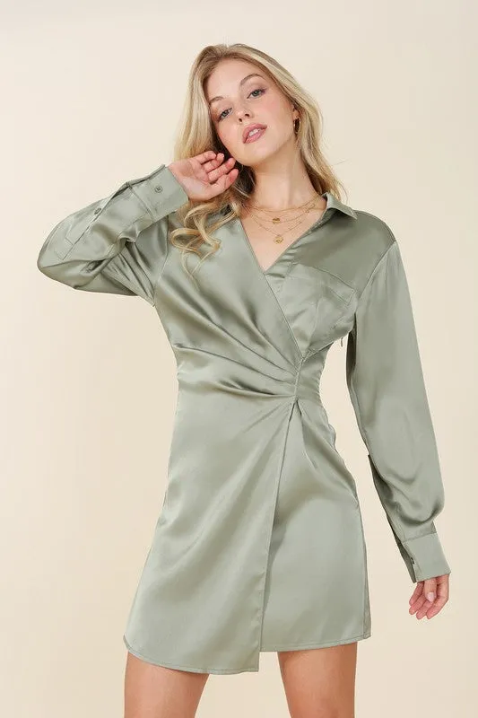 Satin collared wrap mini dress