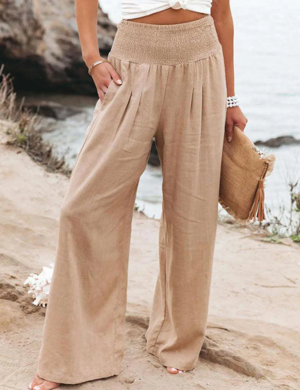 Smocked Waist Side-seam Wide Leg Linen Pants