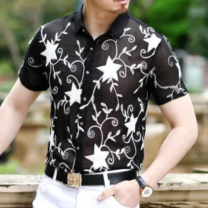 Star Vines Monochrome Print Semi Sheer Men Shirt