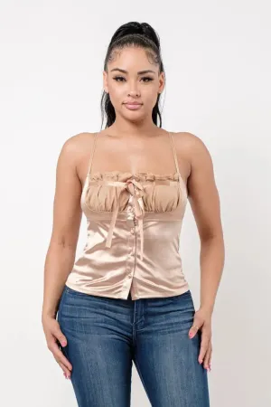 Taupe Ruched Lace Trim Front Tie Top