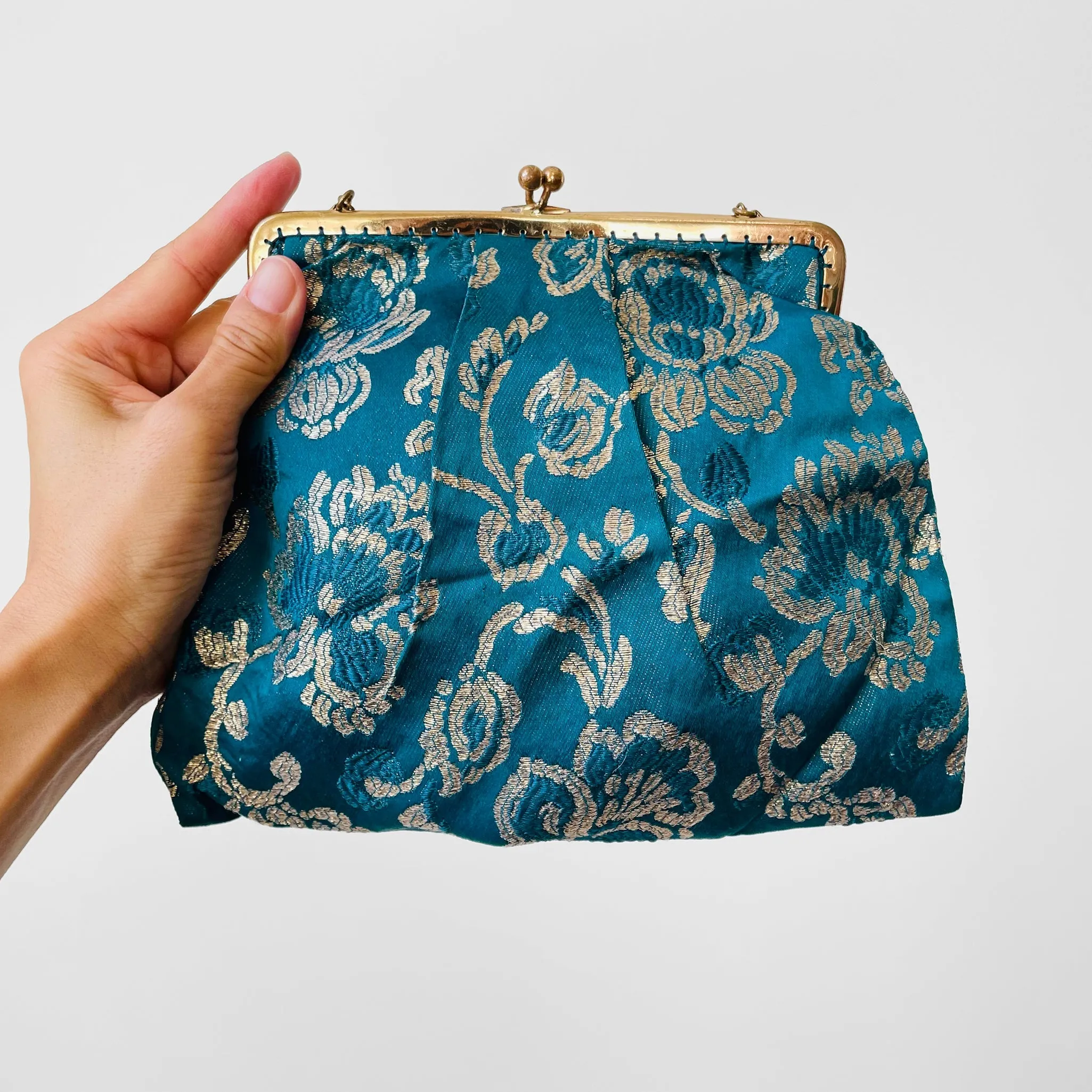 Turquoise Gold Floral Silk Evening Purse