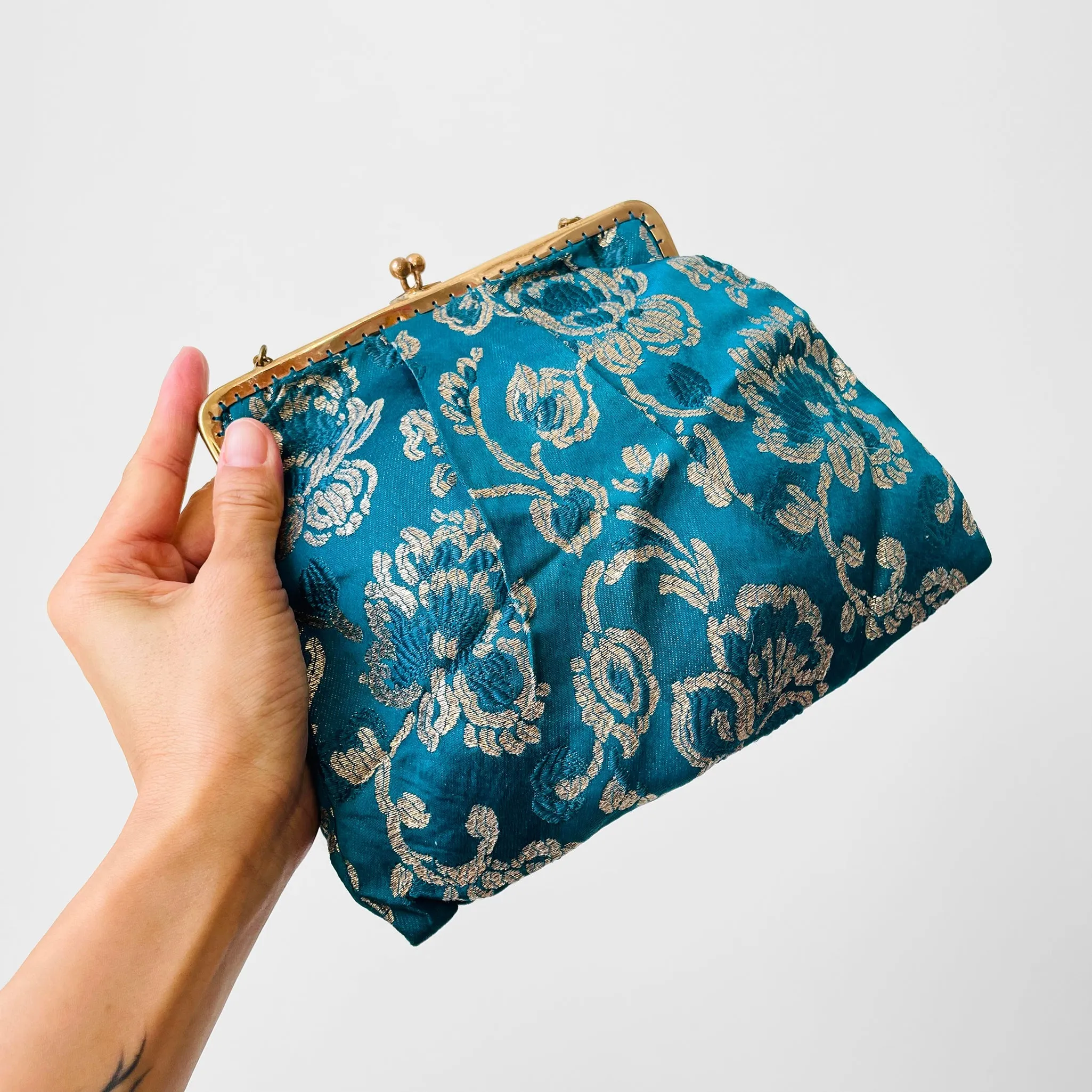 Turquoise Gold Floral Silk Evening Purse