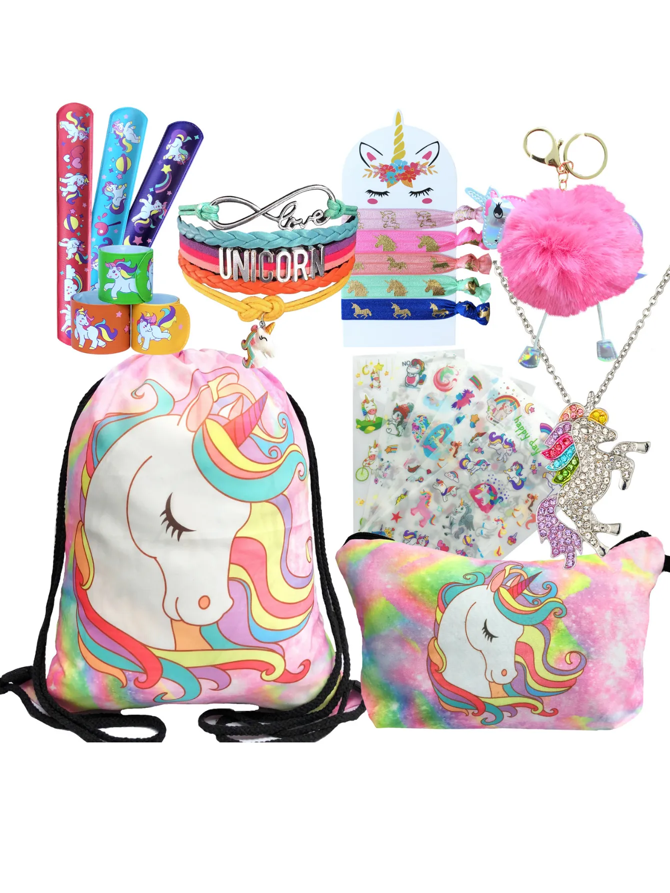 Unicorn Gifts for Girls - Unicorn Drawstring Backpack/Makeup Bag/Bracelet/Necklace/Hair Ties/Keychain/Sticker (Pink Unicorn Head 4)